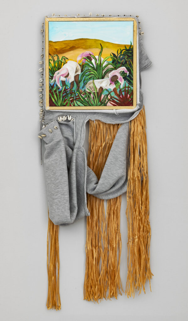 Alberta Whittle
Playing Numbers Under Auntie Ramona's Eye (Happy Vale), 2022
acrylic, cloth hoodie, raffia and cowrie shells on canvas
42 x 16 in (106.7 x 40.6 cm)