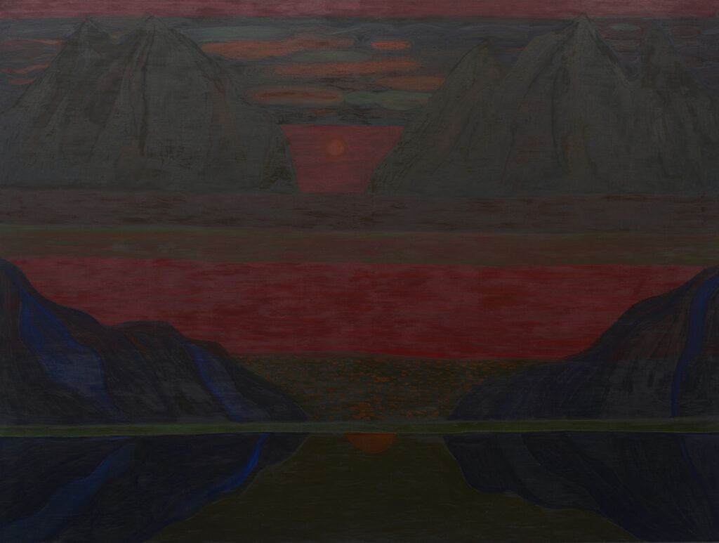 Gideon Appah, Double green through red landscape, 2022,
Oil on canvas 183 x 244 cm (72.18 x 88.14 in)