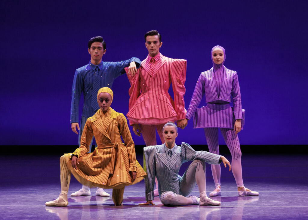 clockwise from bottom left: India Bradley, KJ Takahashi, Davide Riccardo, Emma Von Enck, Indiana Woodward in Play TIme (World Premiere), Choreography by Gianna Reisen, Music by Solange Knowles (commissioned by New York City Ballet), Costumes by Alejandro GÃ³mez Palomo, Lighting by Mark Stanley. New York City Ballet, Fall Fashion Gala, 10th Anniversary, Wednesday, September 28, 2022. Credit Photo: Erin Baiano