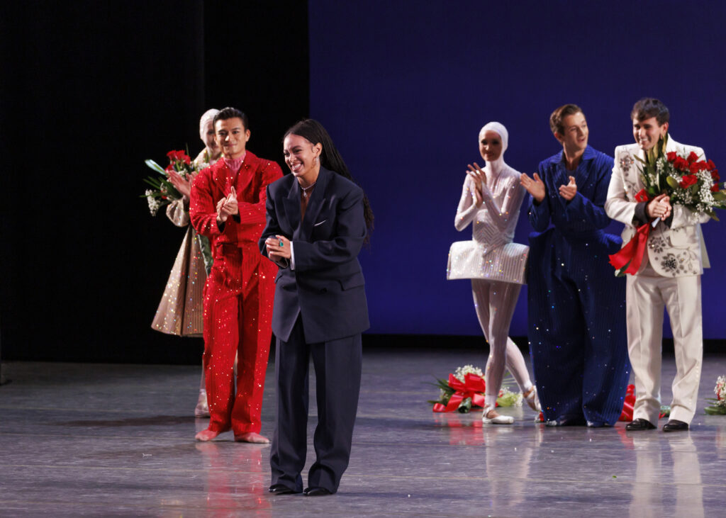 Solange Knowles takes her bow after Play TIme (World Premiere), Choreography by Gianna Reisen, Music by Solange Knowles (commissioned by New York City Ballet), Costumes by Alejandro GÃ³mez Palomo, Lighting by Mark Stanley. New York City Ballet, Fall Fashion Gala, 10th Anniversary, Wednesday, September 28, 2022. Credit Photo: Erin Baiano