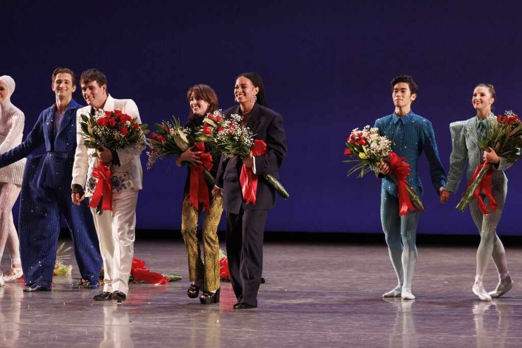 from left: Unity Phelan (obscured), Harrison Coll, Alejandro GÃ³mez Palomo, Gianna Reisen, Solange Knowles, KJ Takahashi and Indiana Woodward. Play TIme (World Premiere), Choreography by Gianna Reisen, Music by Solange Knowles (commissioned by New York City Ballet), Costumes by Alejandro GÃ³mez Palomo, Lighting by Mark Stanley. New York City Ballet, Fall Fashion Gala, 10th Anniversary, Wednesday, September 28, 2022. Credit Photo: Erin Baiano