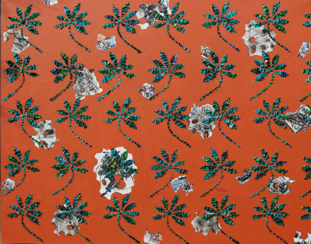 Dreams in Bobozi Farm, Fabric, Paper & Acrylic on Canvas, 48 X 60 inches, 2020, Courtesy Rele Gallery